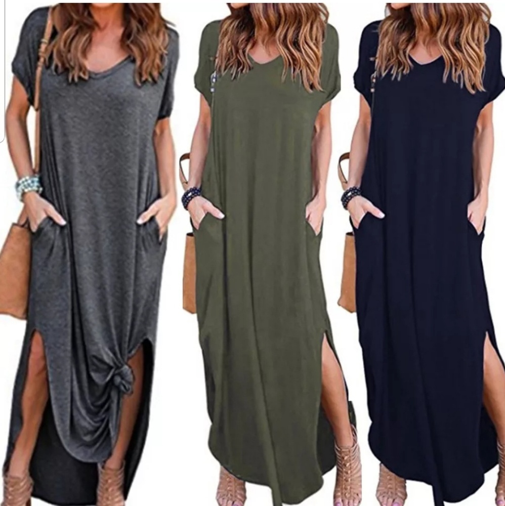 V-neck Short Sleeve Maxi Dress Side Pockets Slit - Picture 3 of 6